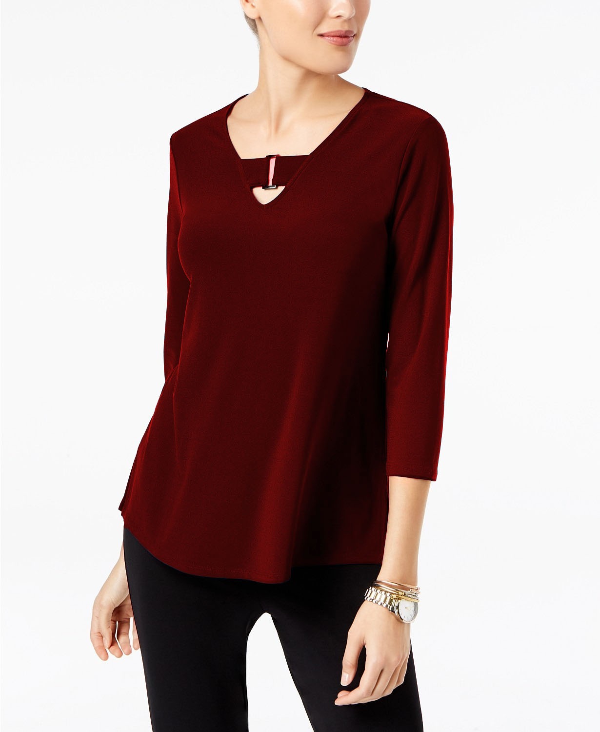Alfani Women's Petite Keyhole High-Low Top Wine Size Large