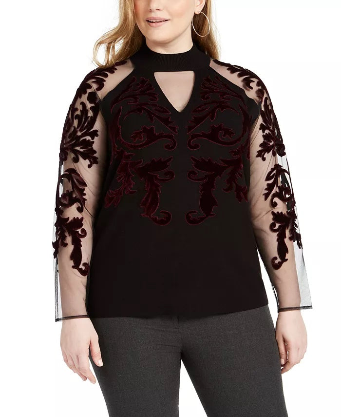 INC International Concepts Women's Velvet Flocked Mesh Sleeve Sweater Black Size 2X