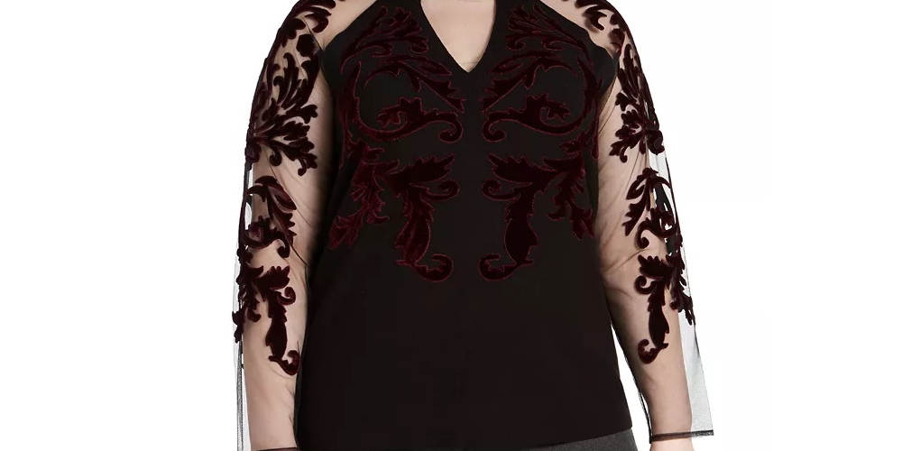 INC International Concepts Women's Velvet Flocked Mesh Sleeve Sweater Black Size 2X