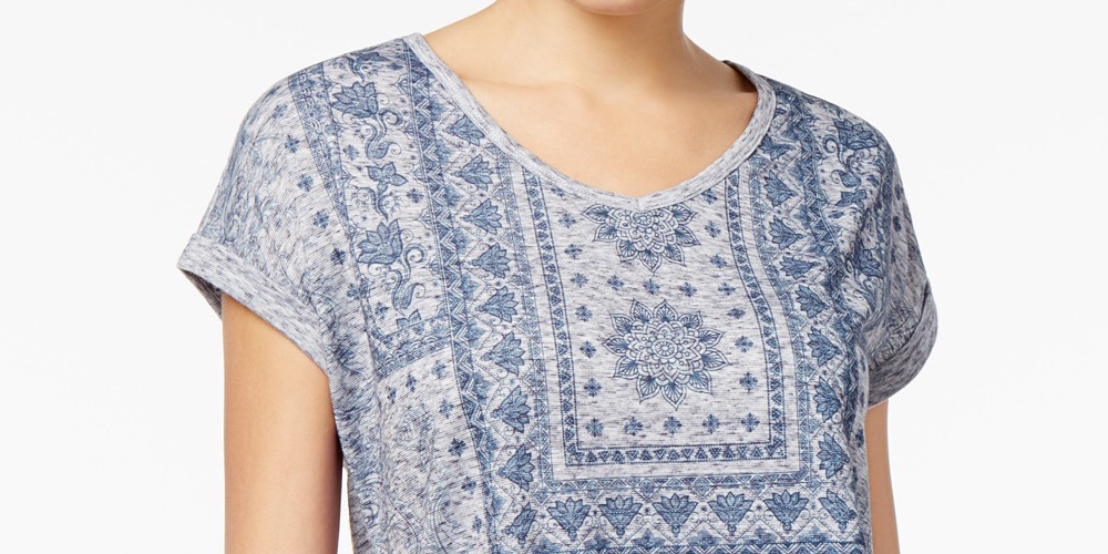 Style & Co Women's Graphic Shirttail-Hem Top Blue Size Small