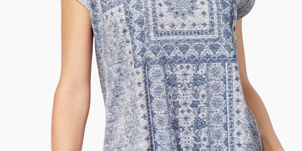 Style & Co Women's Graphic Shirttail-Hem Top Blue Size Small