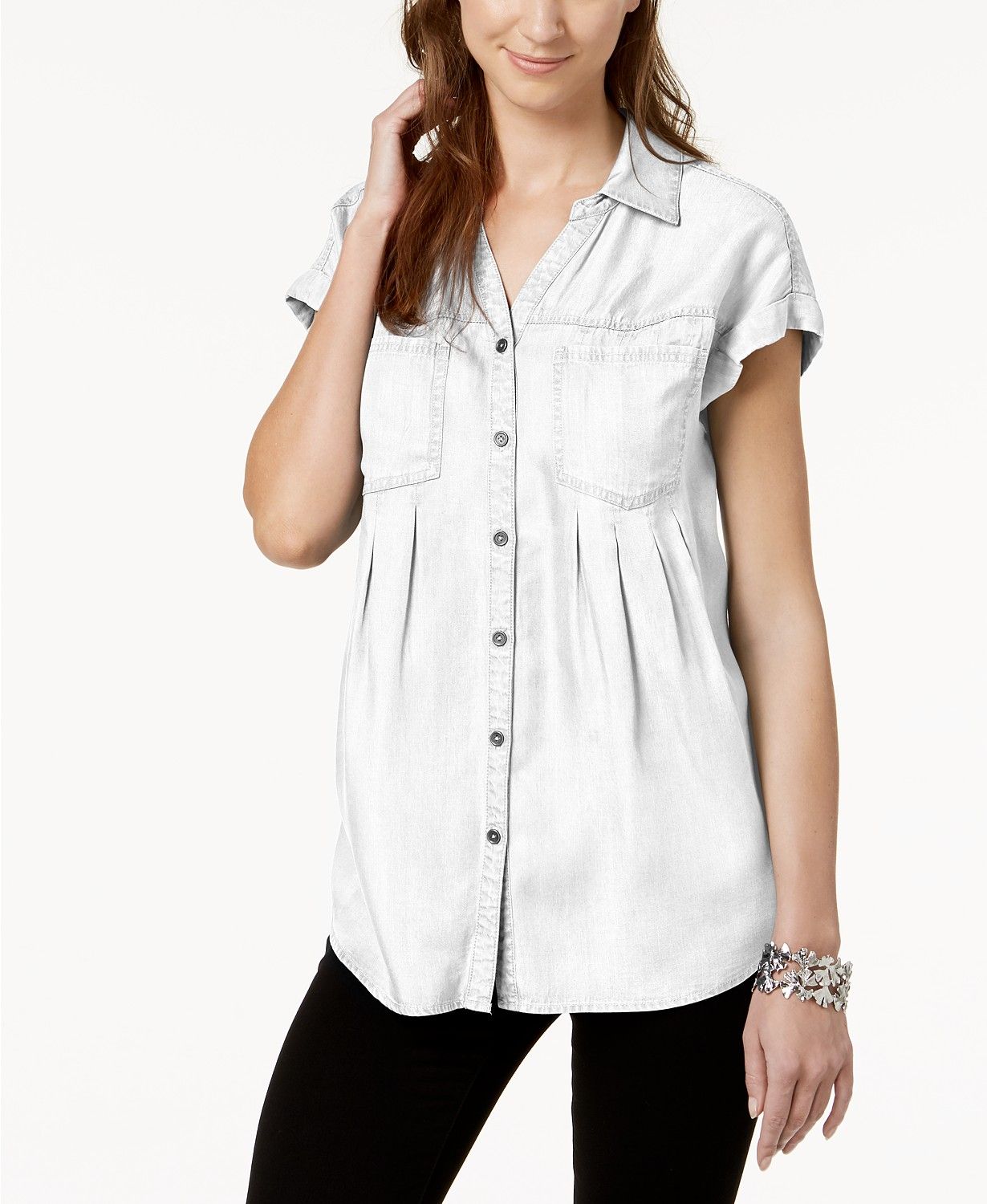 Style & Co Women's Pleated Cuffed-Sleeve Top White Size Large