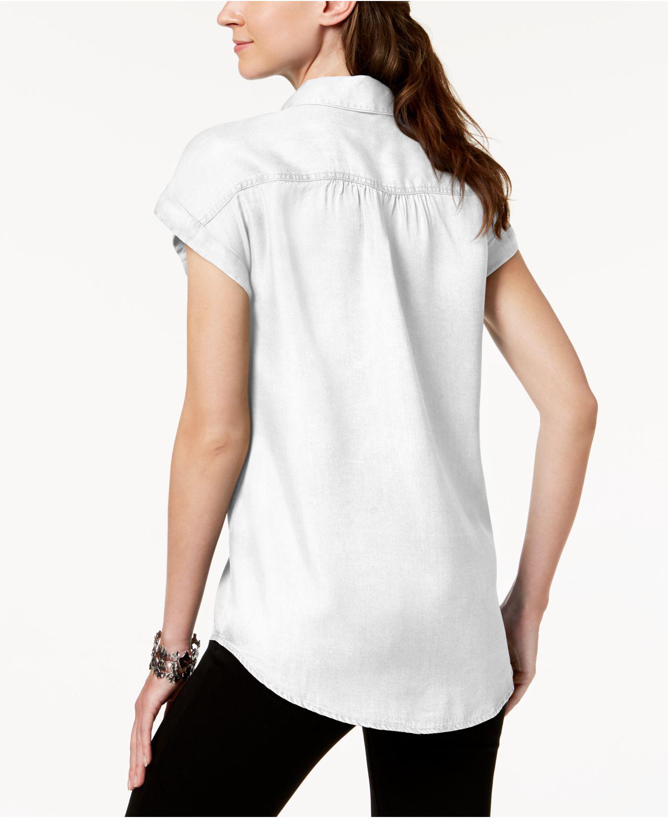 Style & Co Women's Pleated Cuffed-Sleeve Top White Size Large
