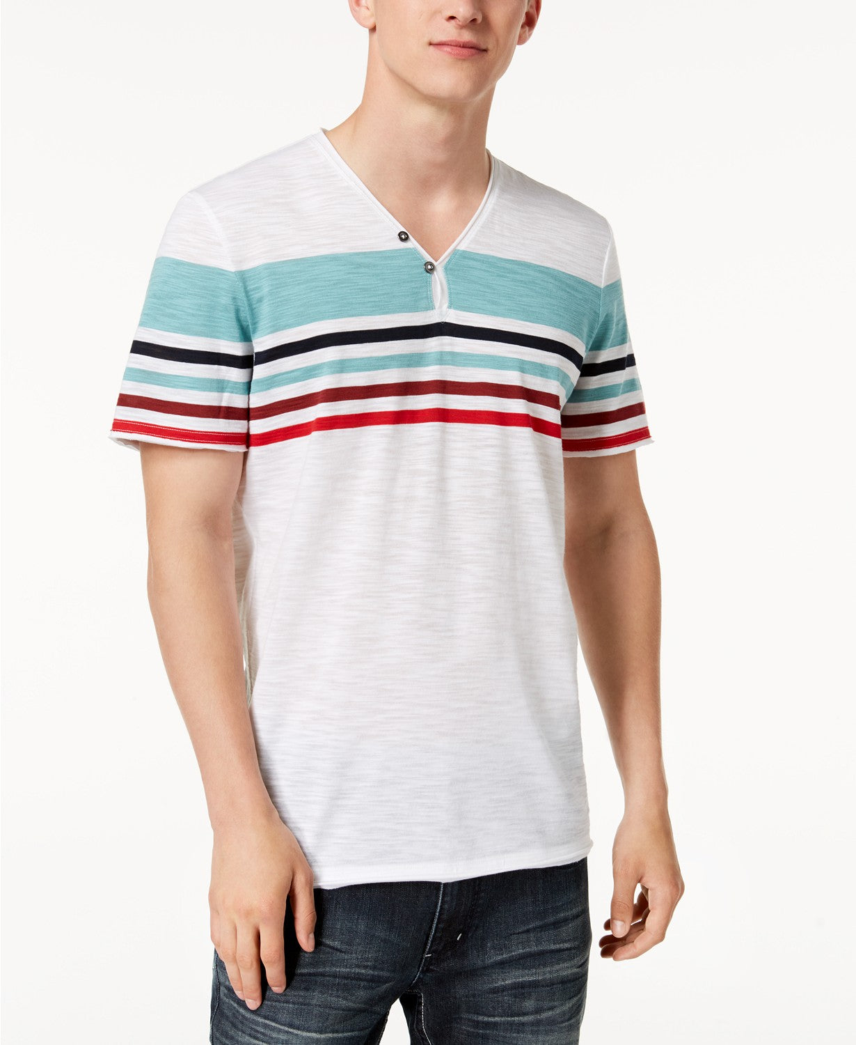 INC International Concepts Men's Striped Split-Neck T-Shirt  White Size Small