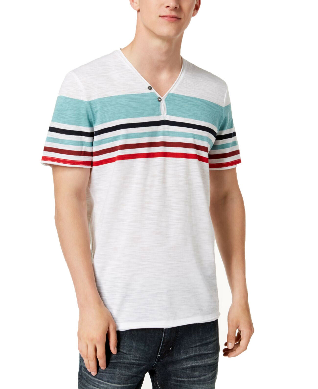 INC International Concepts Men's Striped Split-Neck T-Shirt White Size XXL