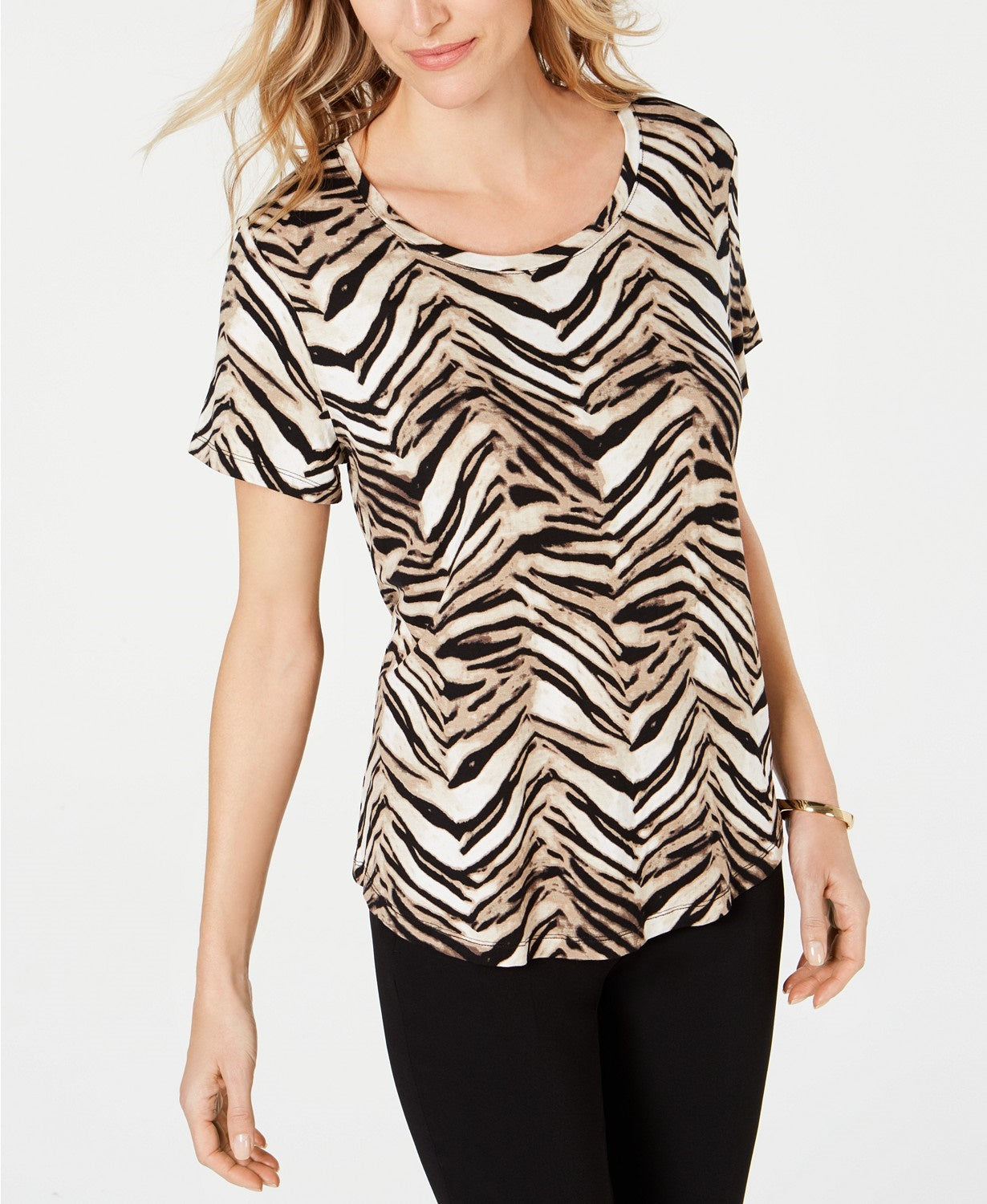 JM Collection Women's Printed Scoop-Neck Top Brown Size Small