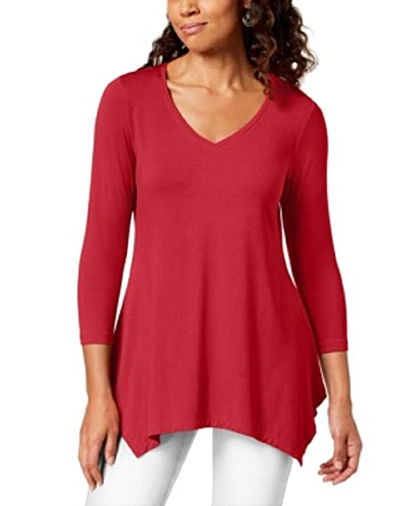 JM Women's Collection V-Neck Handkerchief-Hem Top Red Size Extra Small