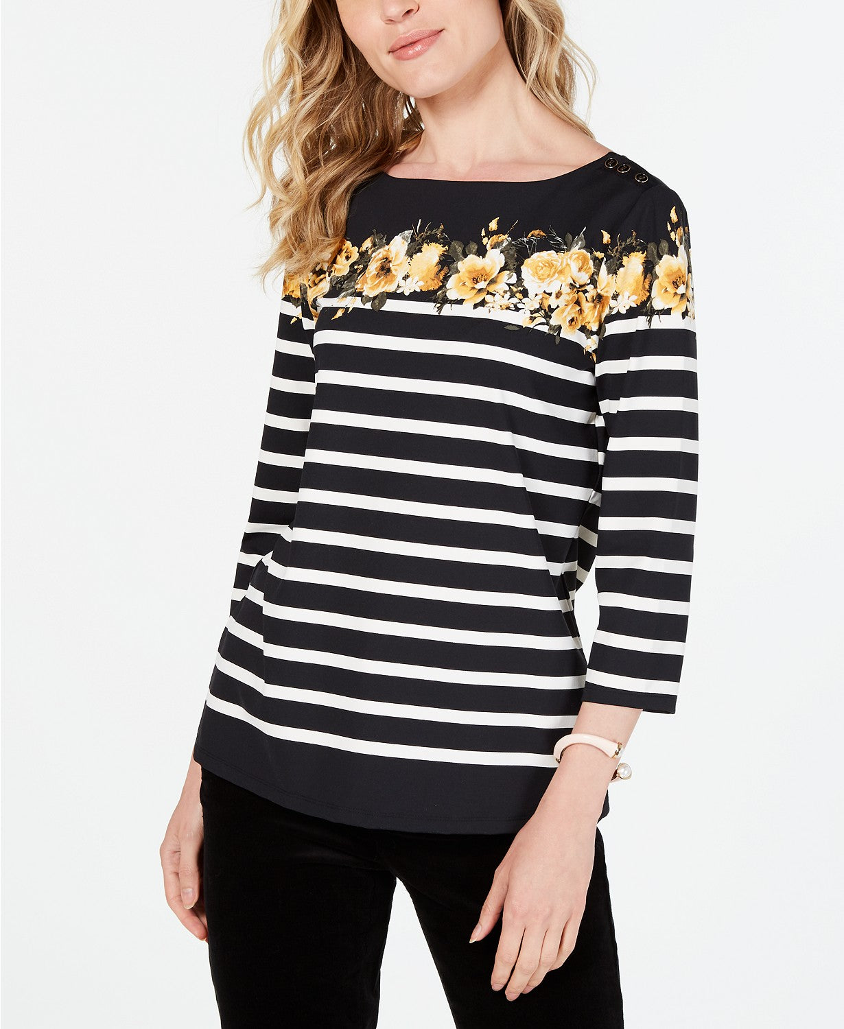 Charter Club Women's Petite Striped Floral-Print Top Black Size Medium
