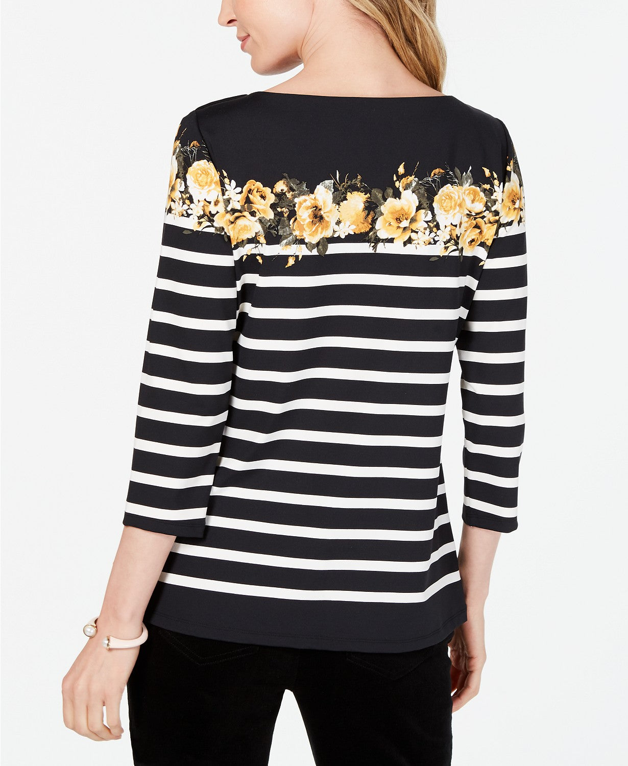 Charter Club Women's Petite Striped Floral-Print Top Black Size Medium