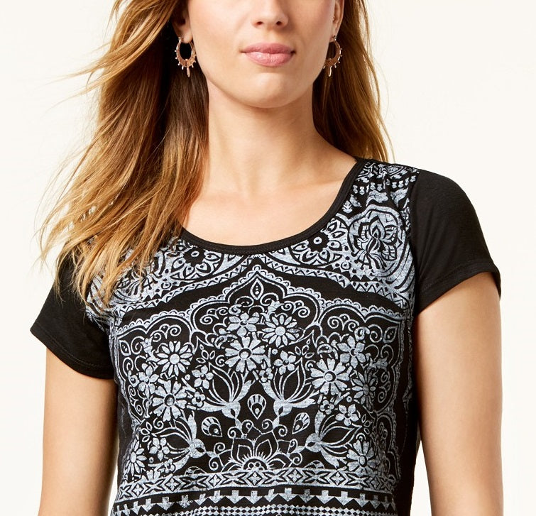 Style & Co Women's Brushstroke-Print Polo Top Black Size Medium