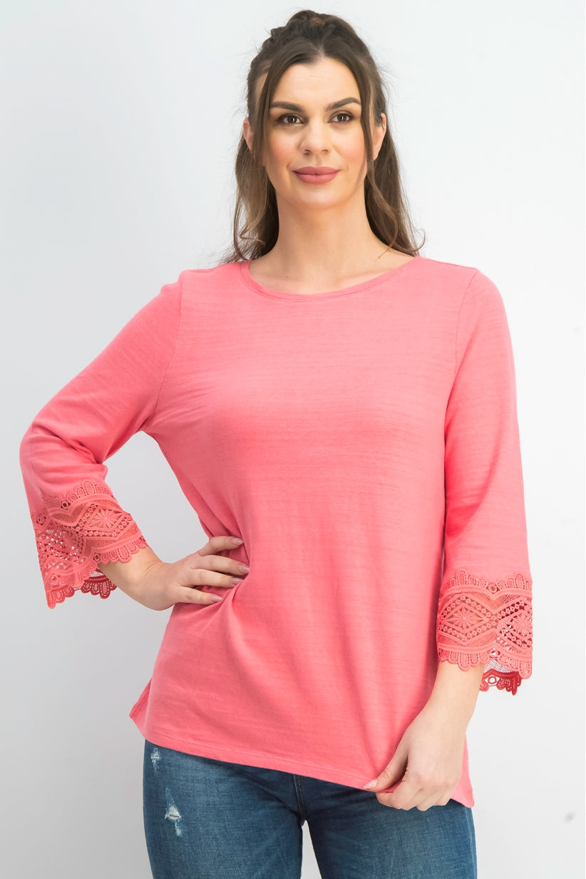 Charter Club Women's Cotton Lace-Trim Top Dark Pink Size Large