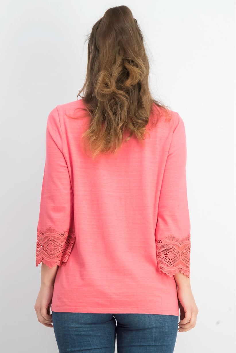 Charter Club Women's Cotton Lace-Trim Top Dark Pink Size Large