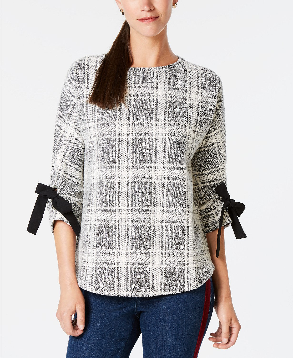 Charter Club Women's Plaid Bow-Sleeve Top Black Size Large