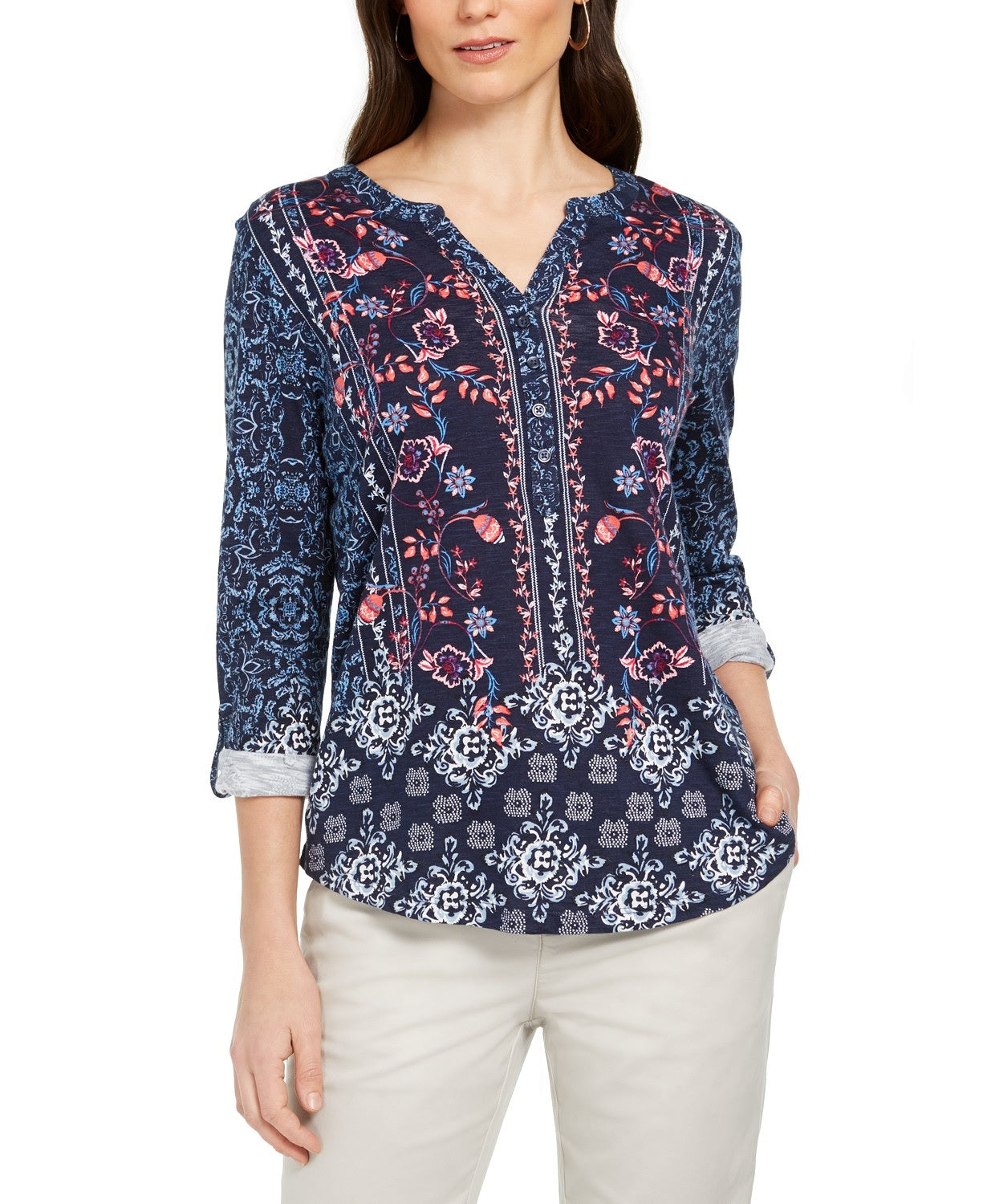 Style & Co Women's Petite Printed Roll-Tab Sleeve Top Folk Still Water Size Medium