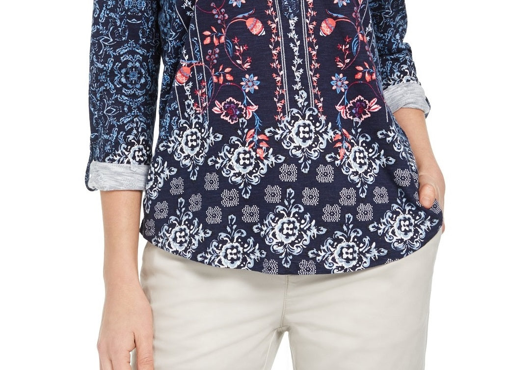 Style & Co Women's Petite Printed Roll-Tab Sleeve Top Folk Still Water Size Medium