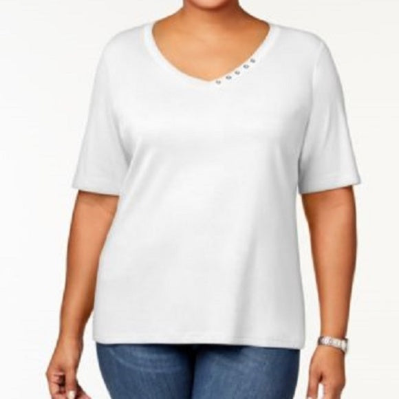 Karen Scott Women's Plus Size Cotton V-Neck Top White Size 2 Large
