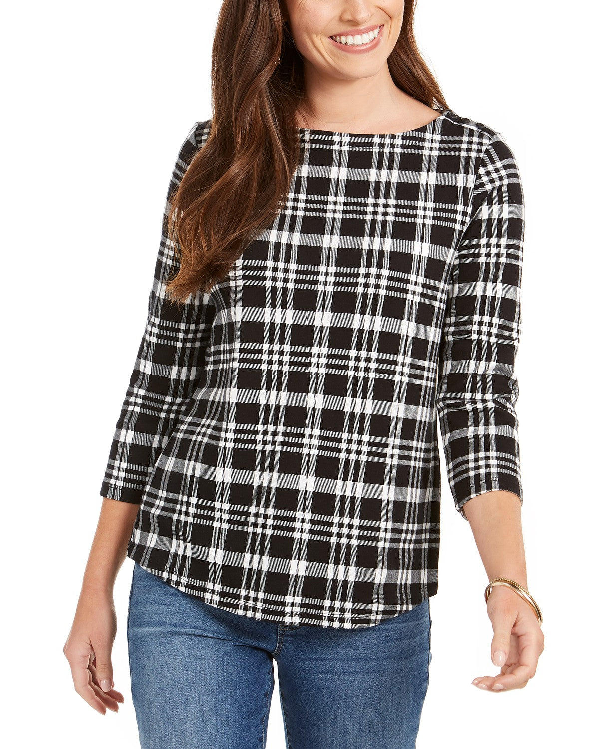 चार्टर क्लब वीमेन कॉटन प्लेड टॉप ब्लैक साइज़ स्माल