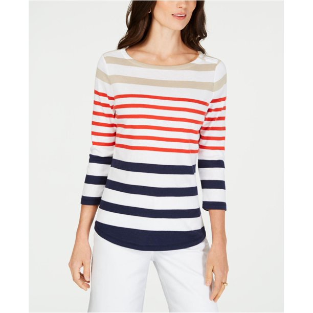 Charter Club Women's Pima Cotton Button Shoulder Stripe Top Red Size Large