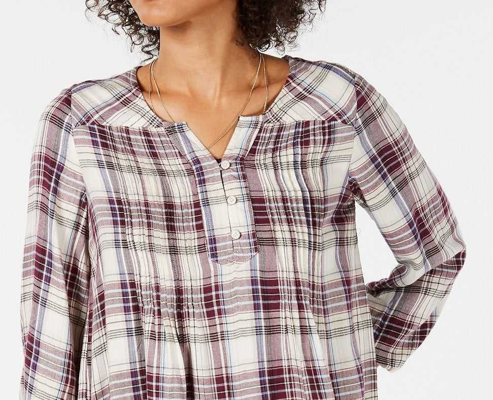 Style & Co Women's Petite Plaid Pleated Top Red Size Large