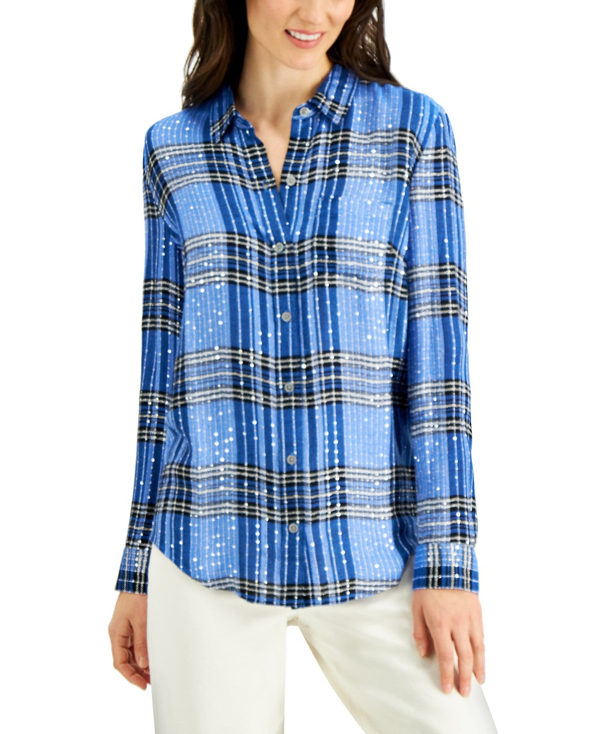 Style & Co Women's Sparkle Plaid Shirt Blue Size Medium