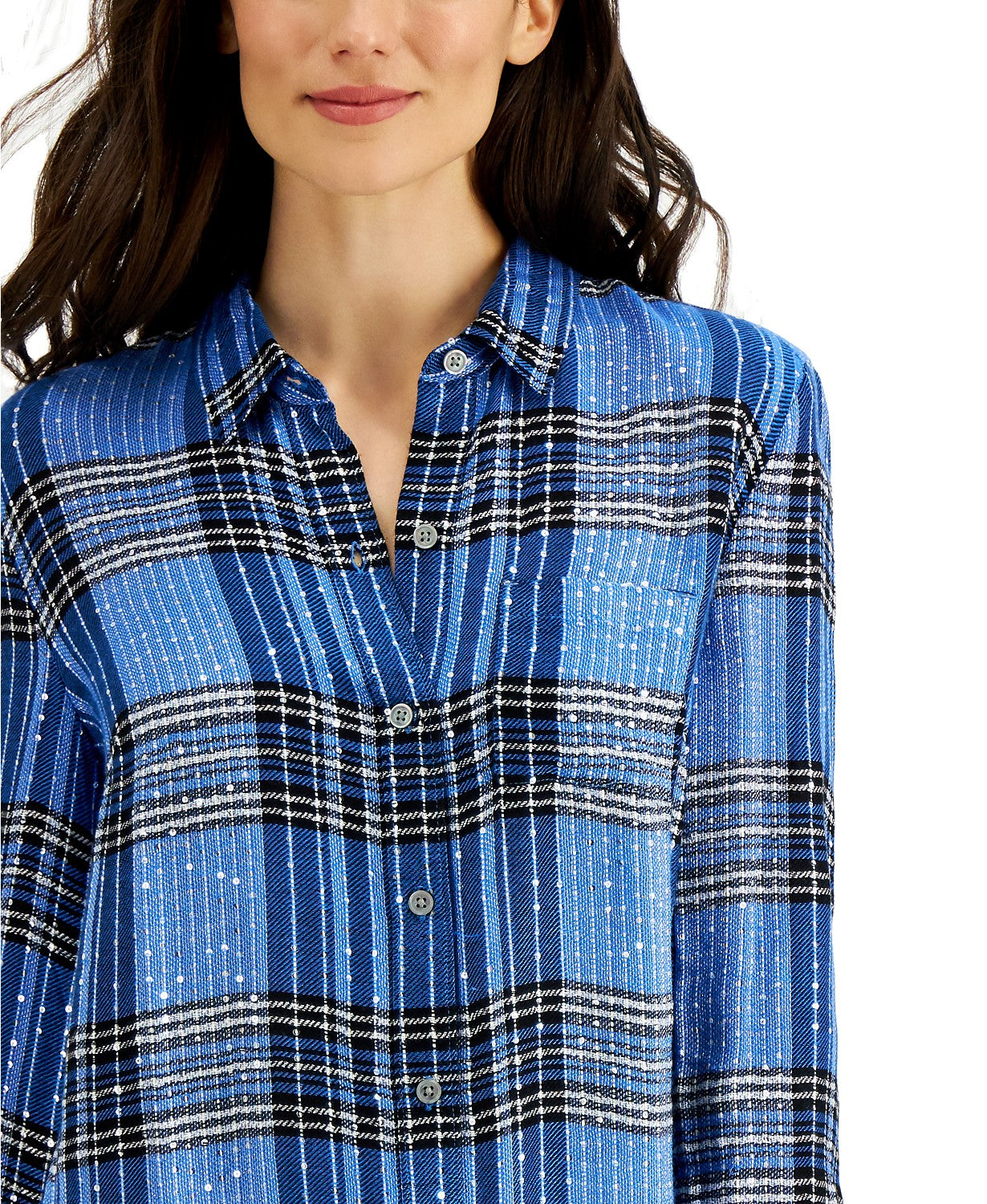 Style & Co Women's Sparkle Plaid Shirt Blue Size Medium