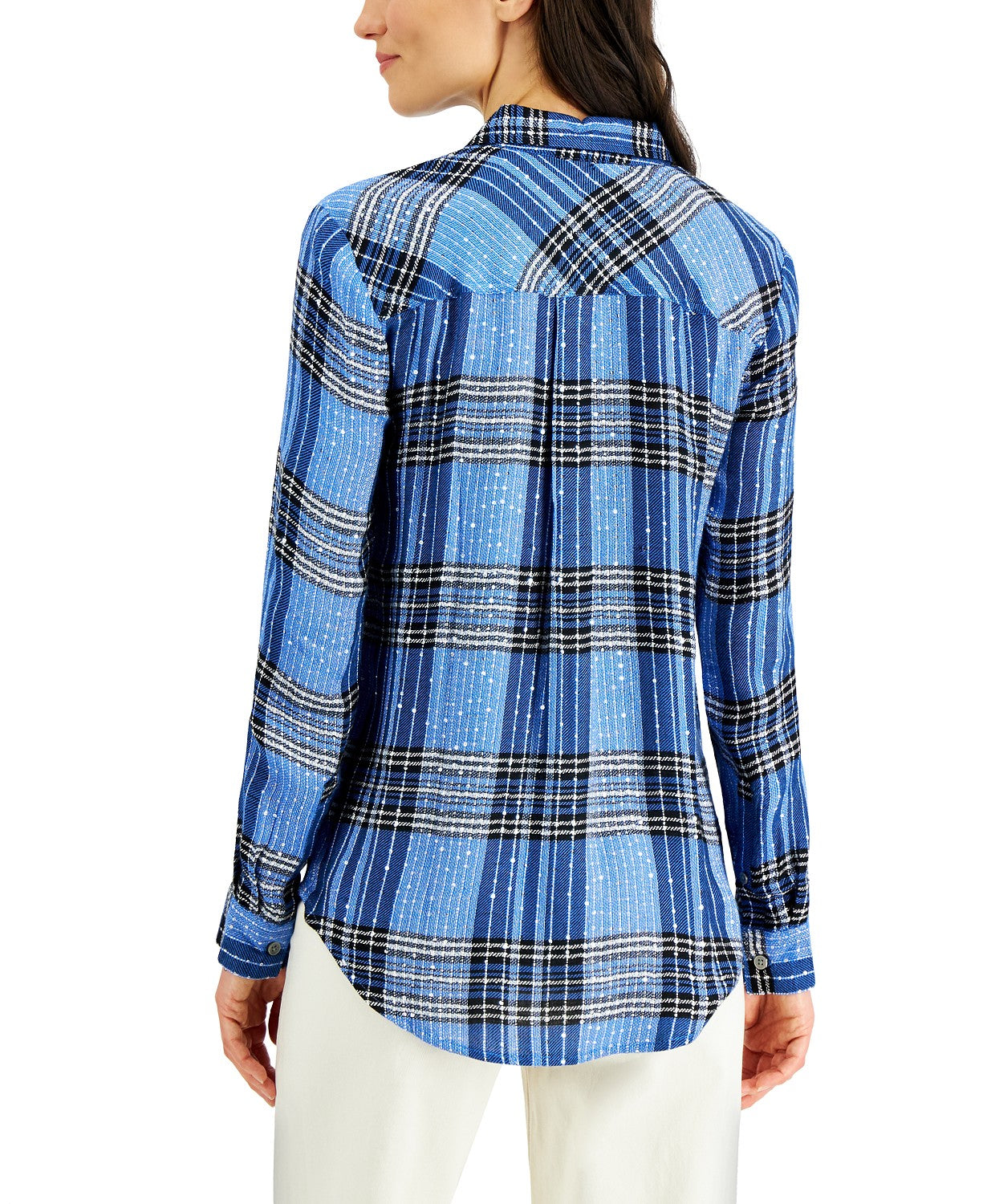 Style & Co Women's Sparkle Plaid Shirt Blue Size Extra Small