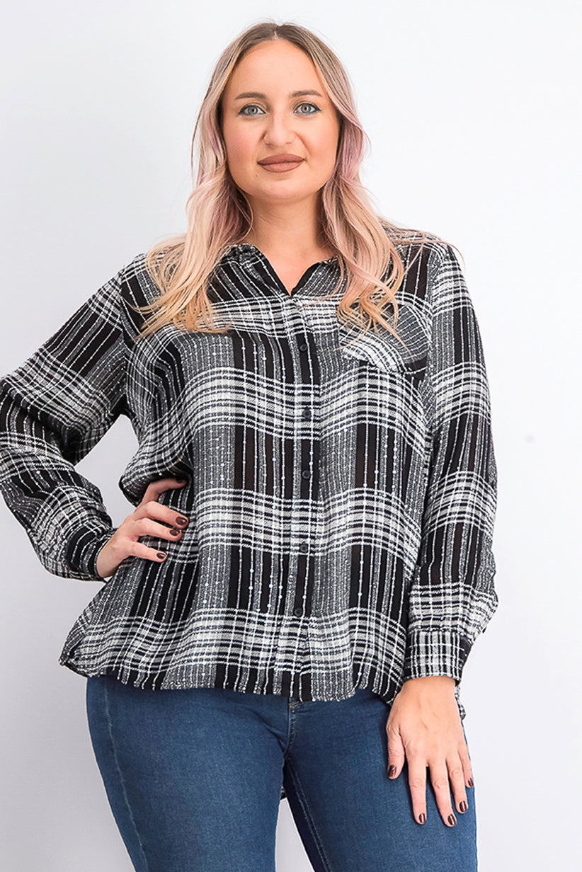 Style & Co Women's Sparkle Plaid Shirt Black Size Extra Small