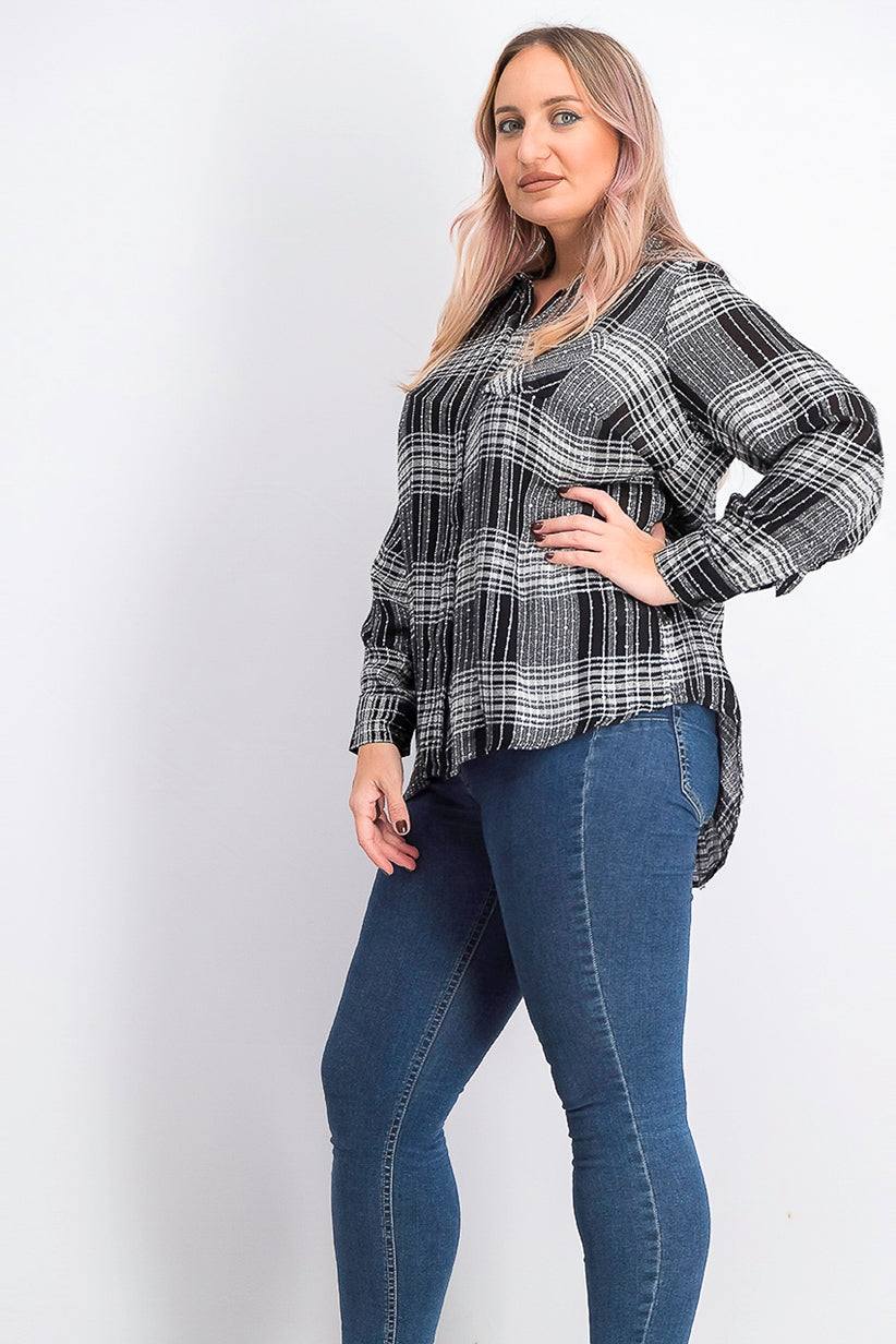 Style & Co Women's Sparkle Plaid Shirt Black Size Extra Small
