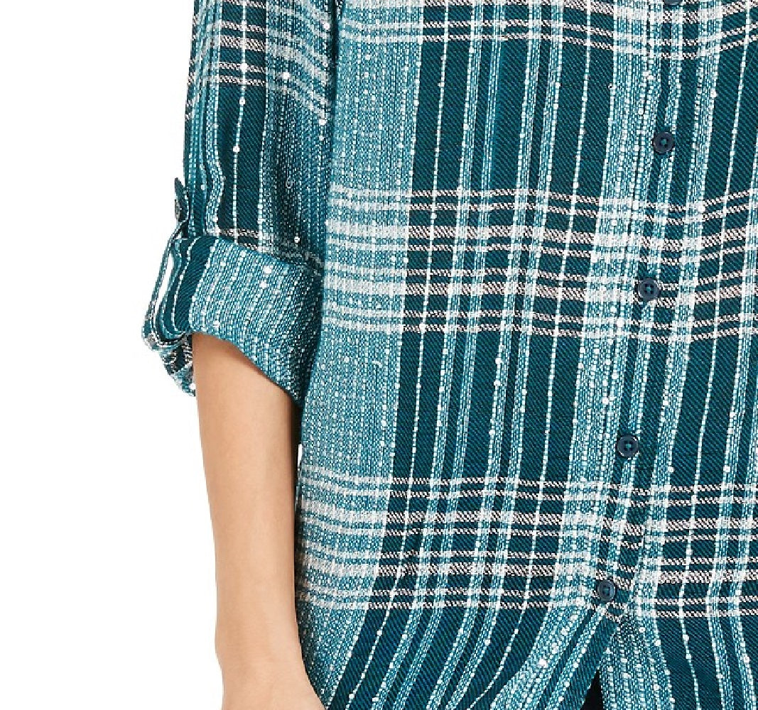 Style & Co Women's Sparkle Plaid Shirt Green Size Large