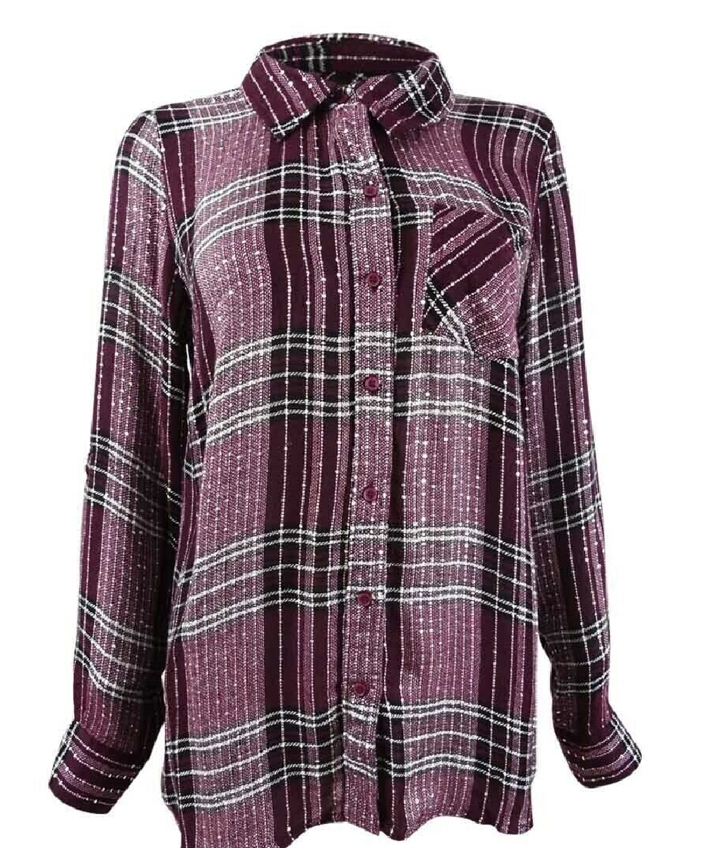 Style & Co Women's Sparkle Plaid Shirt Red Size Small