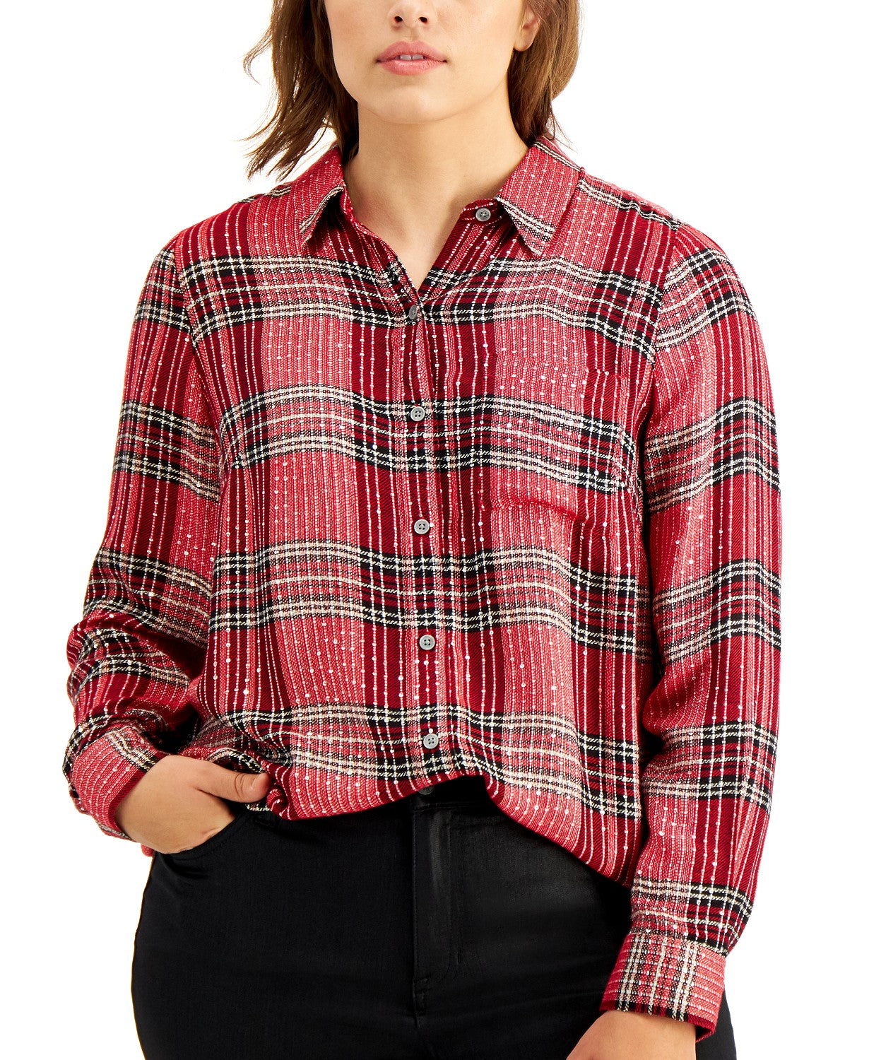 Style & Co Women's Sparkle Plaid Shirt Red Size Extra Small