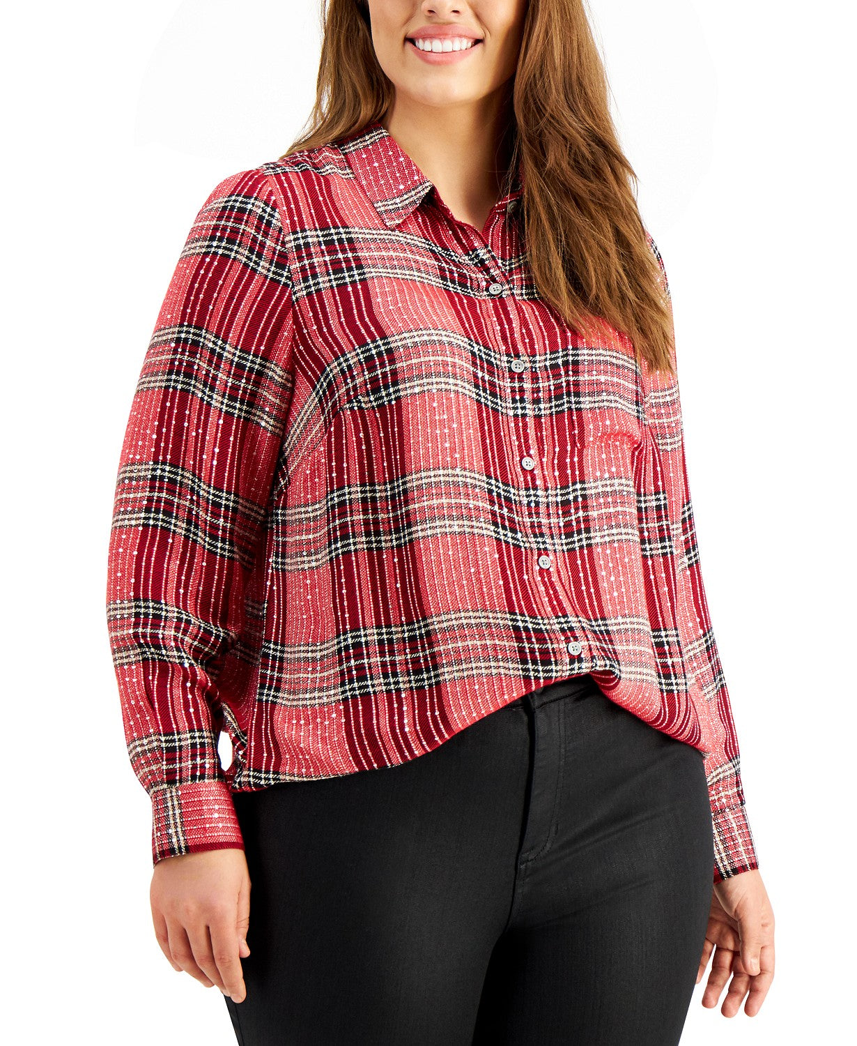 Style & Co Women's Sparkle Plaid Shirt Red Size Extra Small