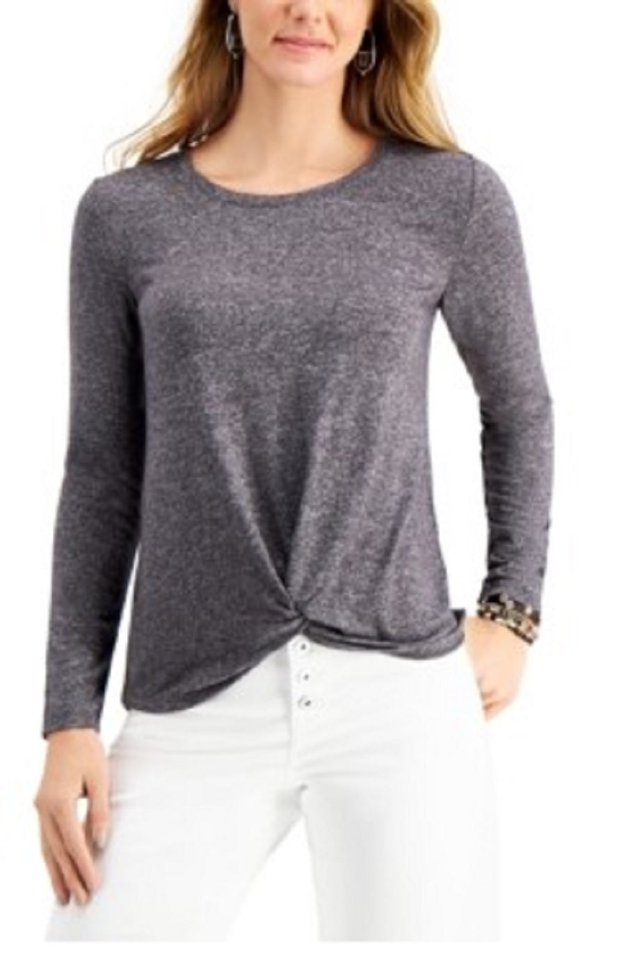Style & Co Women's Long-Sleeve Crewneck Top Charcoal Size Large