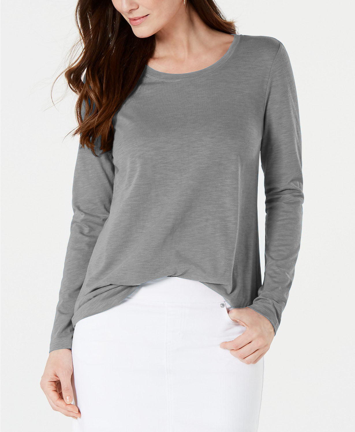 Style & Co Women's Long-Sleeve Crewneck Top Charcoal Size X-Large