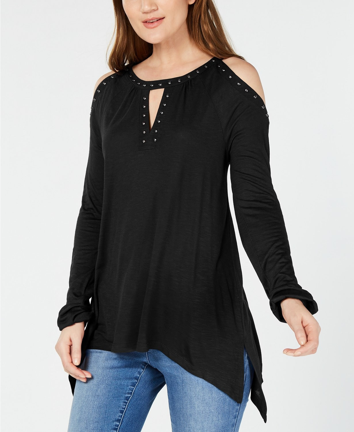 INC International Concepts Women's Studded Cold-Shoulder Handkerchief Top Black Size Small