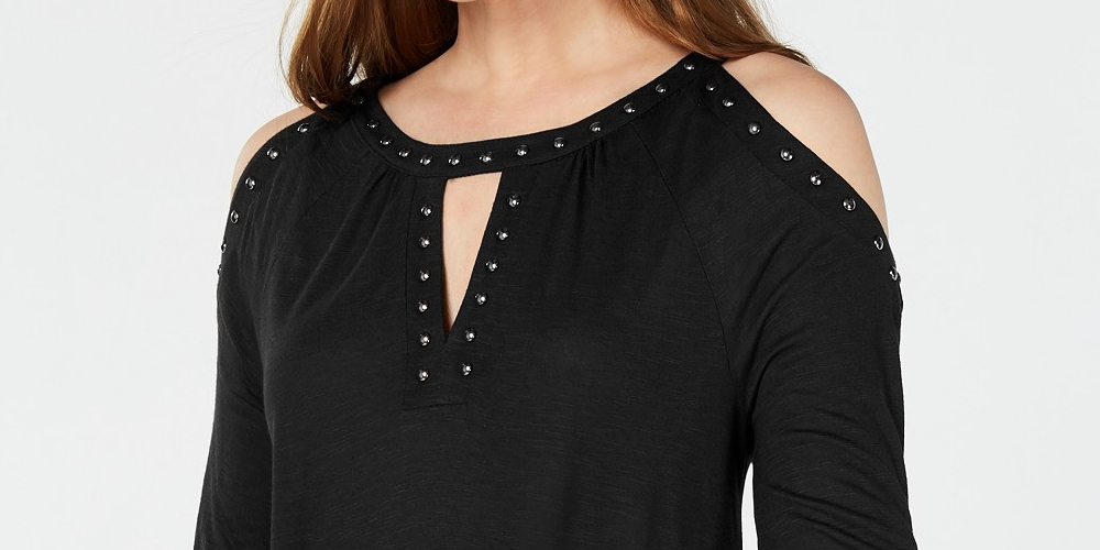 INC International Concepts Women's Studded Cold-Shoulder Handkerchief Top Black Size Small