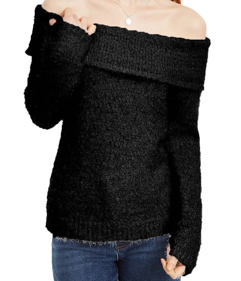 INC International Concepts Women's Chenille Cowl-Neck Sweater Black Size Large
