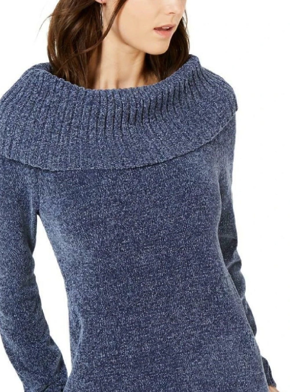 INC International Concepts Women's Chenille Cowl-Neck Sweater Navy Size Medium