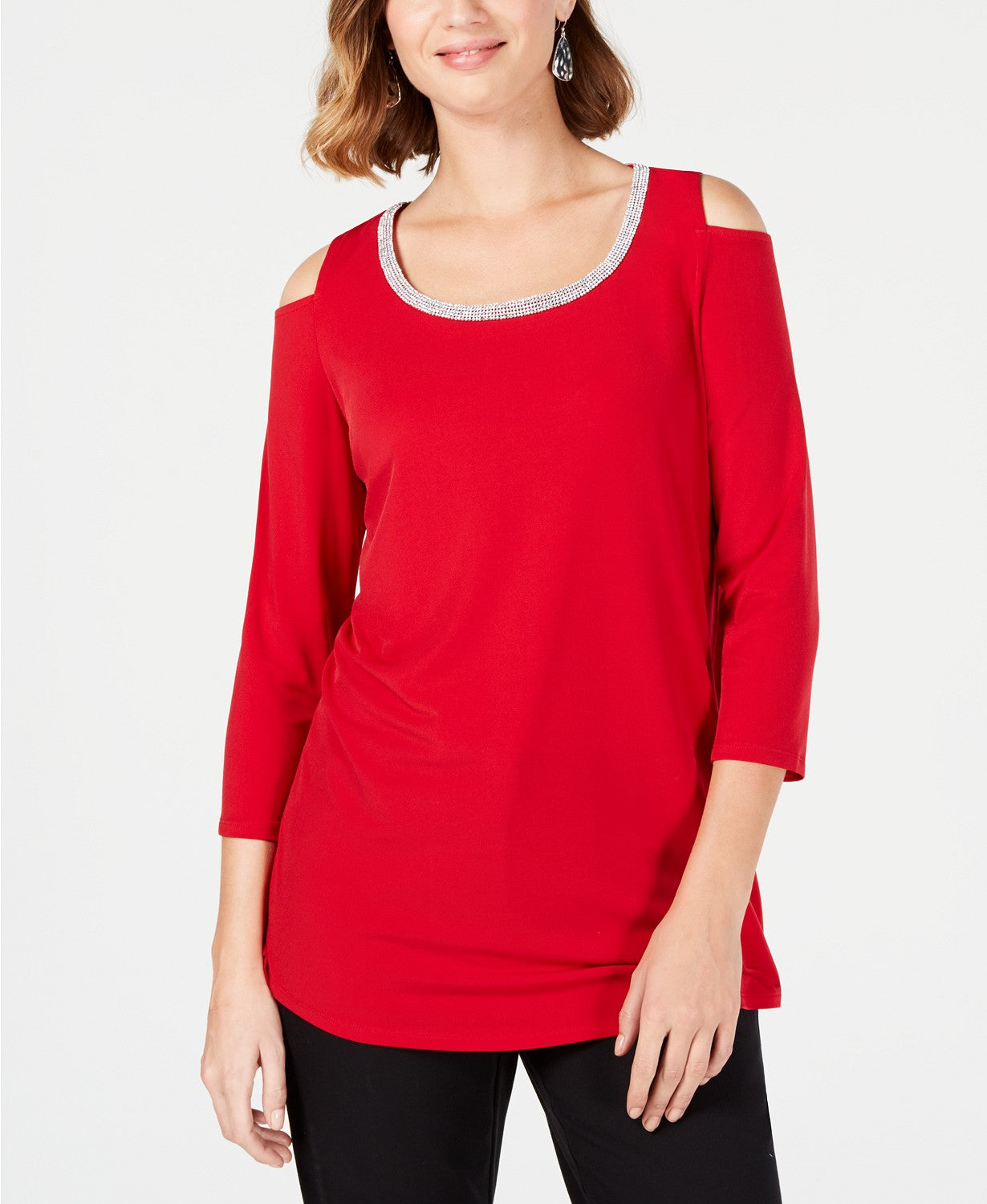 JM Collection Women's Petite Embellished Cold-Shoulder Red Size Medium