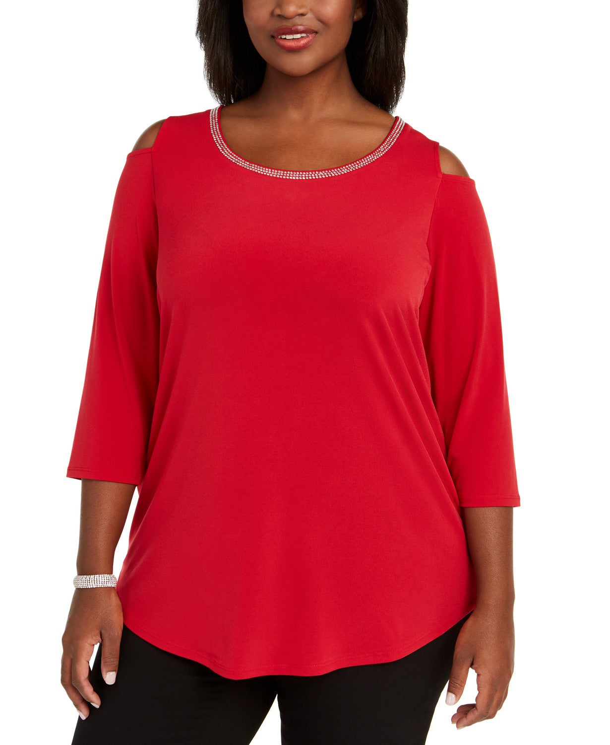 JM Collection Women's Plus Size Diamonte-Trim Cold-Shoulder Tunic Red Size 1X