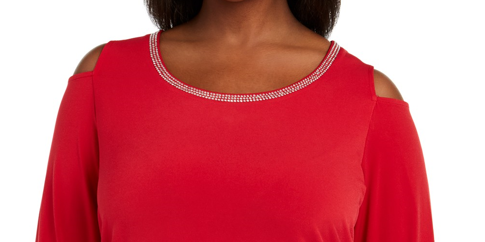 JM Collection Women's Plus Size Diamonte-Trim Cold-Shoulder Tunic Red Size 1X