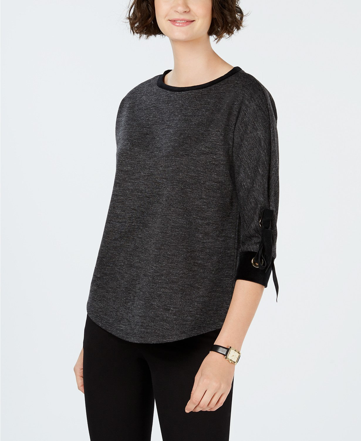 Charter Club Women's Cotton Velvet-Trim Lace-Up Top Deep Black Size Small