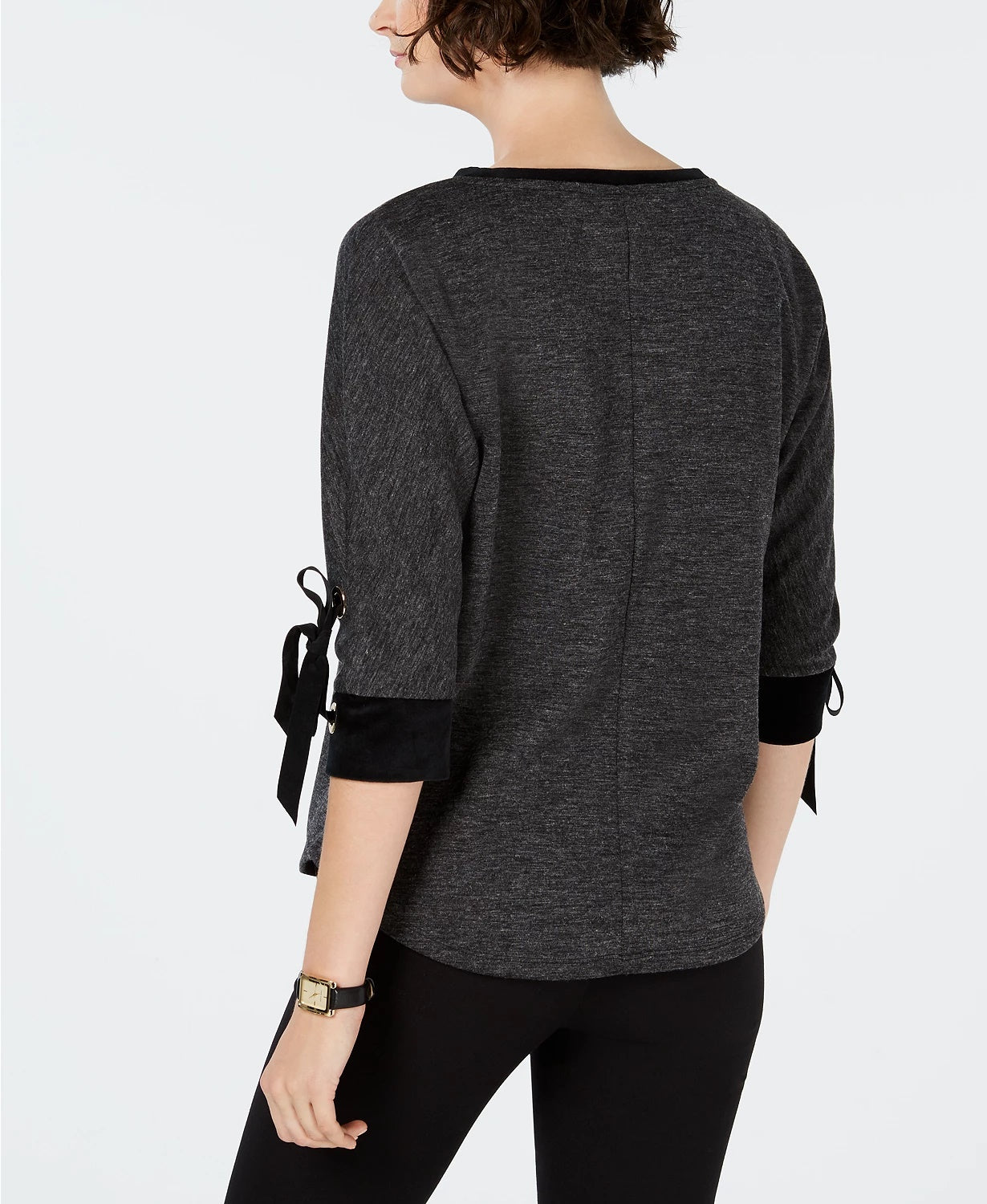 Charter Club Women's Cotton Velvet Trim Lace Up Top Black Size X-Small