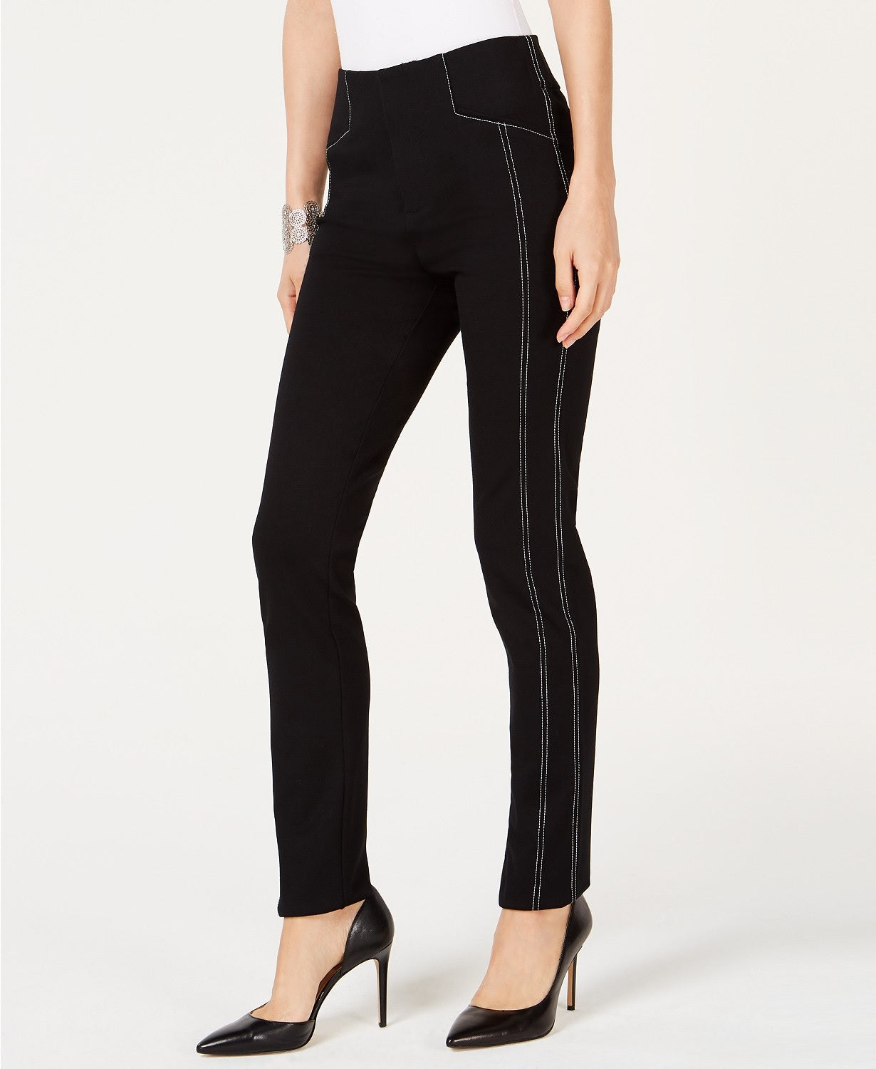 INC International Concepts Women's Contrast-Stitch Straight-Leg Pants Deep Black Size 2