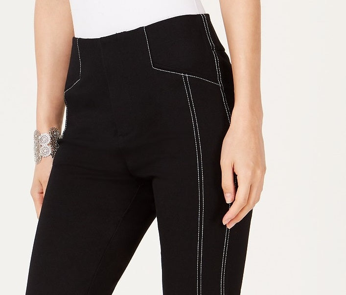 INC International Concepts Women's Contrast-Stitch Straight-Leg Pants Deep Black Size 2