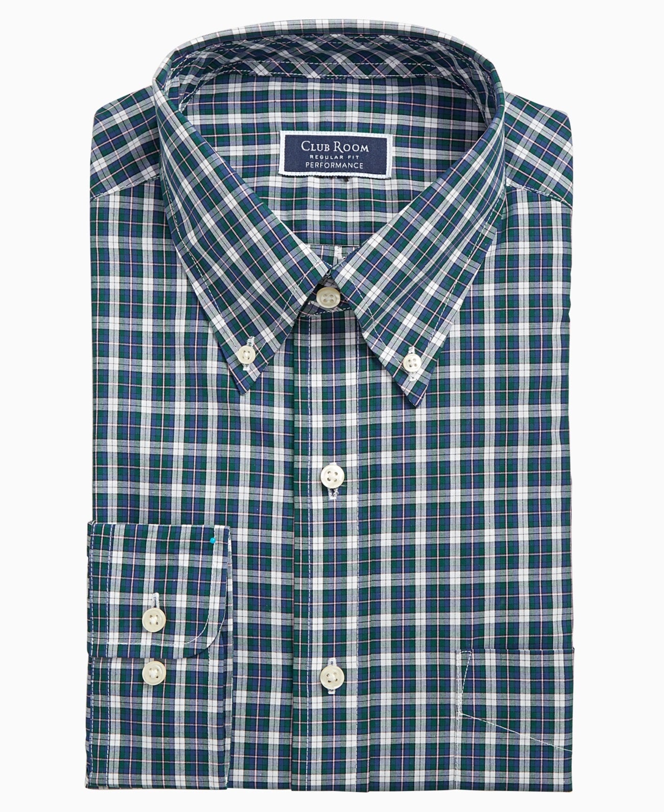 Club Room Men's Dress Shirt Regular Fit Plaid Print Green Size 18X34X35
