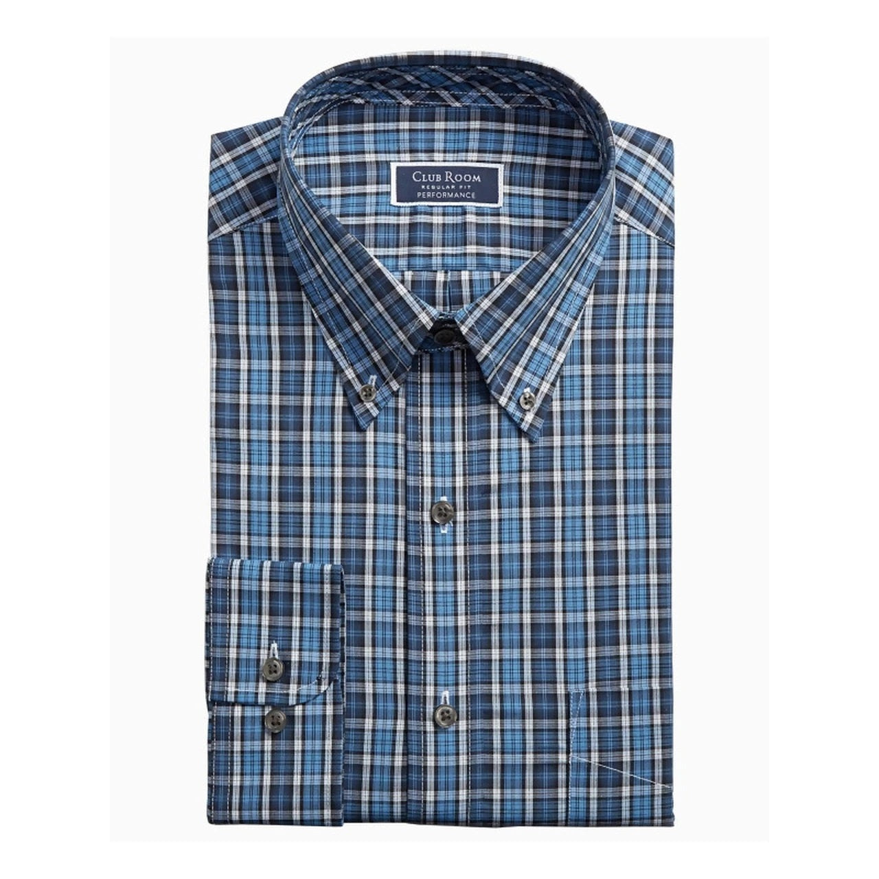 Club Room Men's Classic/Regular Fit Stretch Blackwatch Tartan Dress Shirt Blue Size 32-33