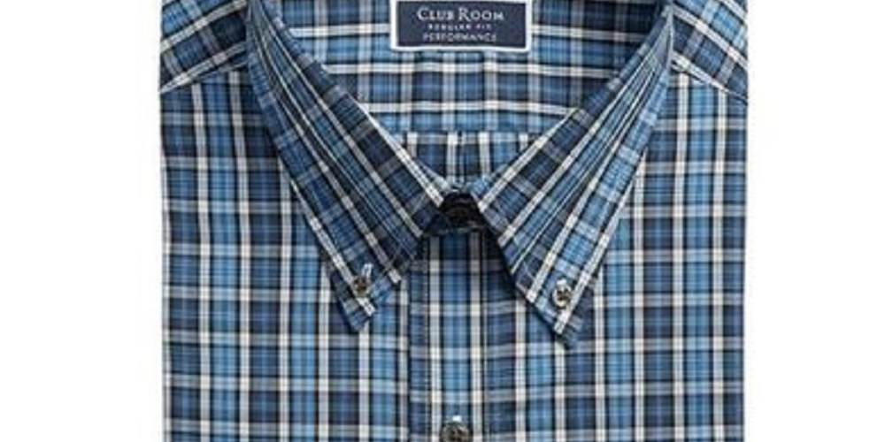 Club Room Men's Classic/Regular Fit Stretch Blackwatch Tartan Dress Shirt Blue Size 34X35