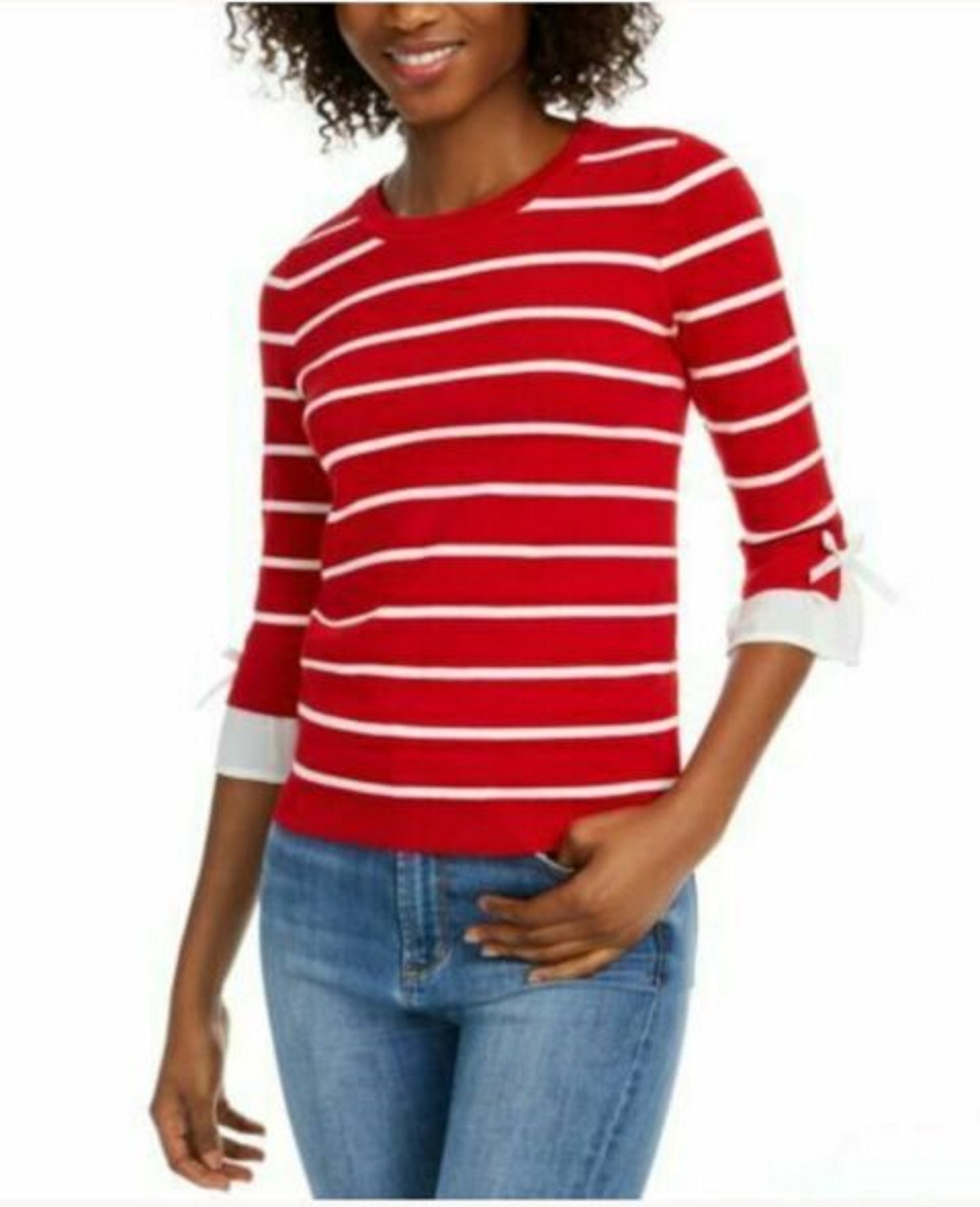 Maison Jules Women's Striped Bow-Trim Sweater Bright Red Size Extra Small