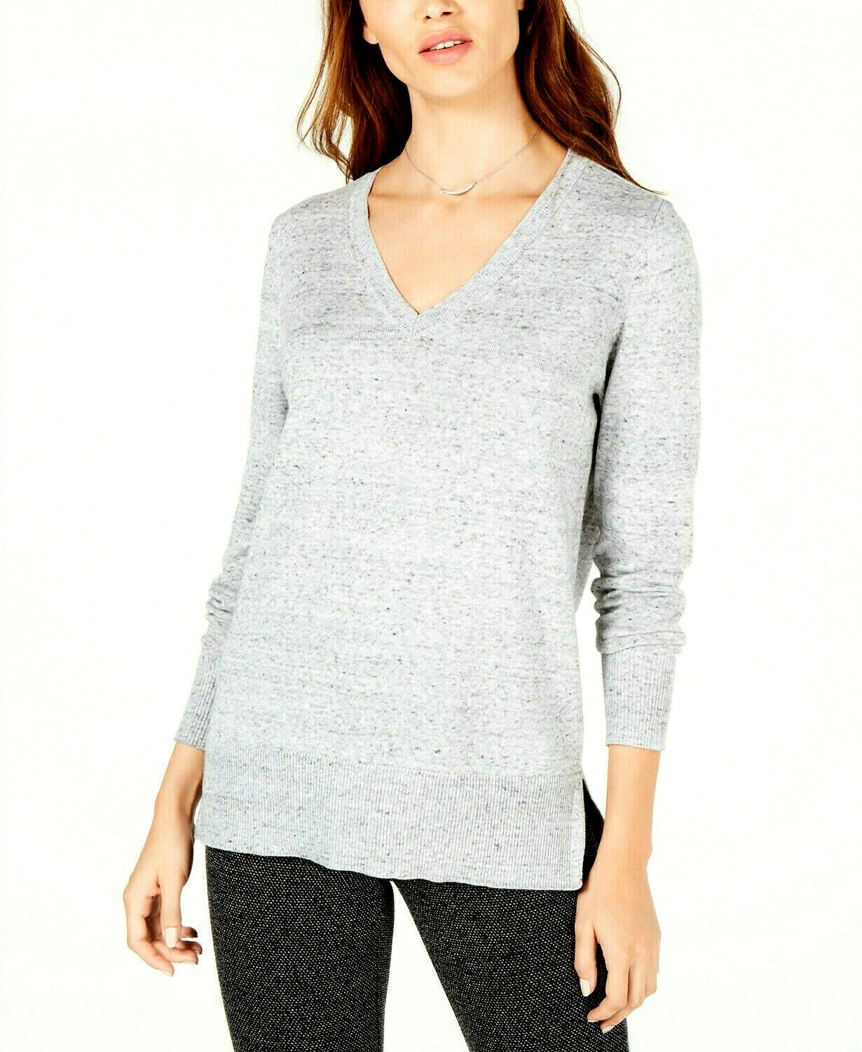 Maison Jules Women's Cotton V-Neck Tunic Sweater Gray Size Extra Small